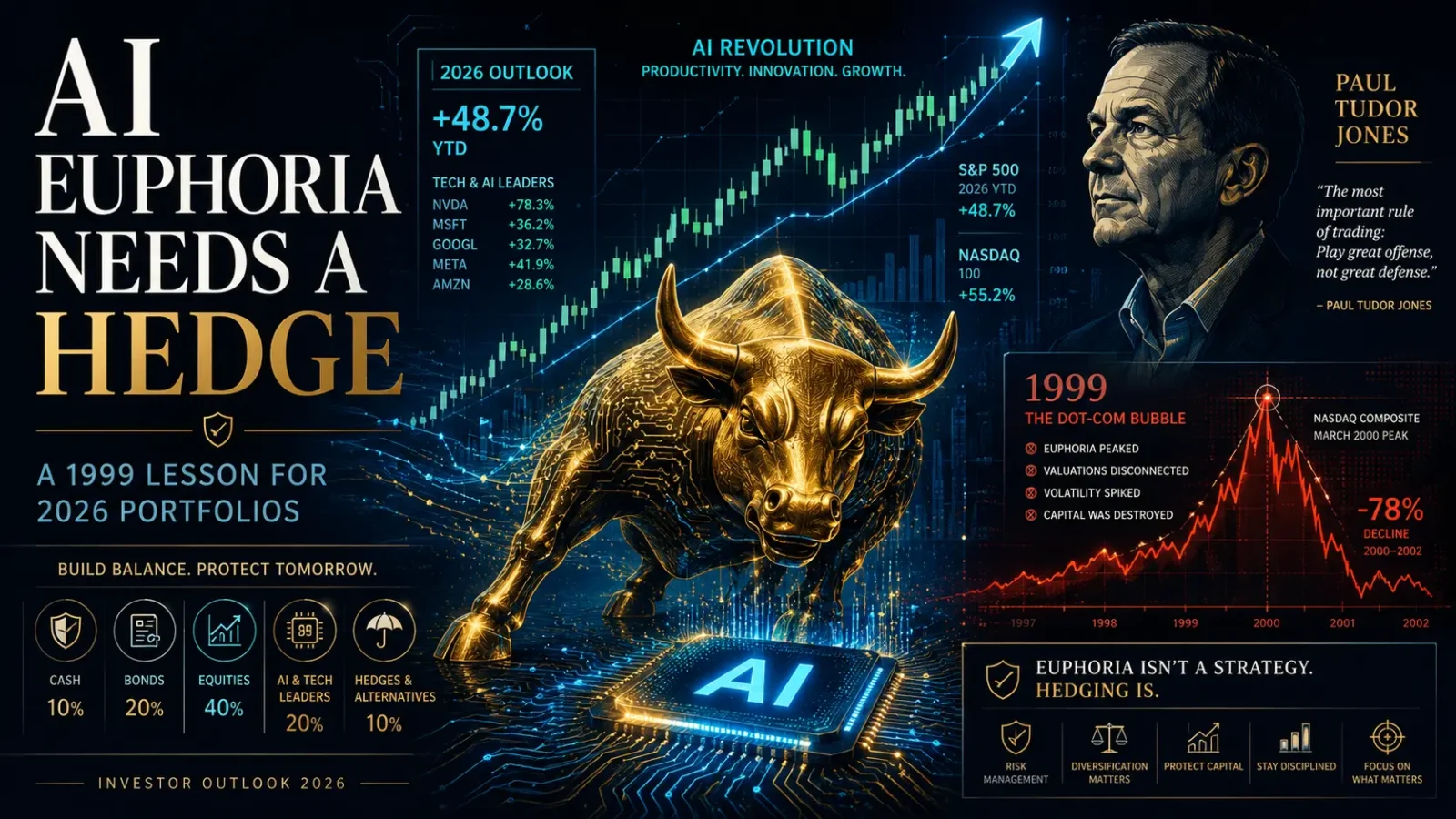 Infographic, AI euphoria needs a hedge: a golden bull on an AI chip next to a 1999 dot-com bubble chart and a warning quote attributed to Paul Tudor Jones