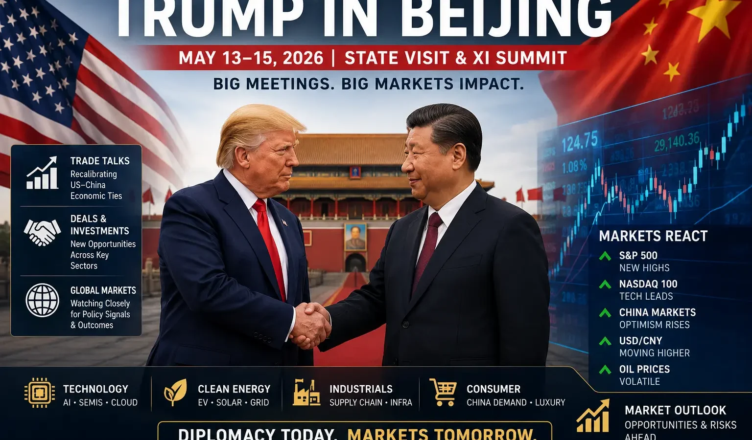 Infographic, Trump in Beijing: Trump and Xi shaking hands in front of the Forbidden City with US and Chinese flags and a markets-react panel