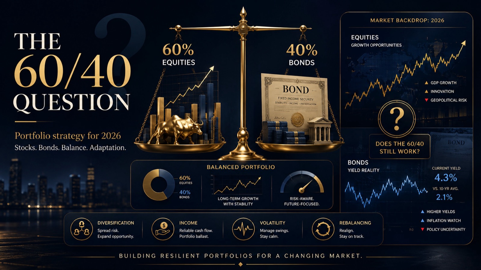 Infographic titled 'The 60/40 Question' showing a golden balance scale with 60% equities and 40% bonds, plus 2026 market data on equity growth and bond yields for portfolio strategy