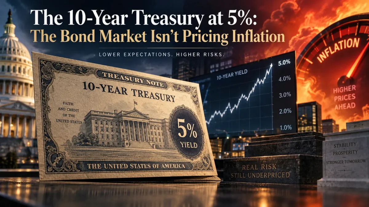 Illustration of a 10-year US Treasury note marked 5% yield in front of the Capitol, a rising 10-year yield chart and an inflation gauge