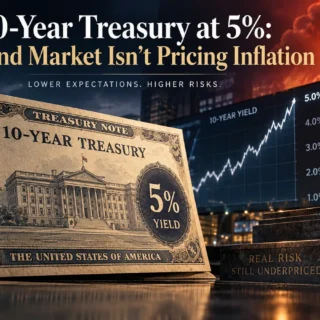 Illustration of a 10-year US Treasury note marked 5% yield in front of the Capitol, a rising 10-year yield chart and an inflation gauge
