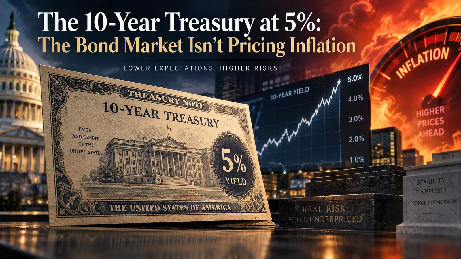 Illustration of a 10-year US Treasury note marked 5% yield in front of the Capitol, a rising 10-year yield chart and an inflation gauge