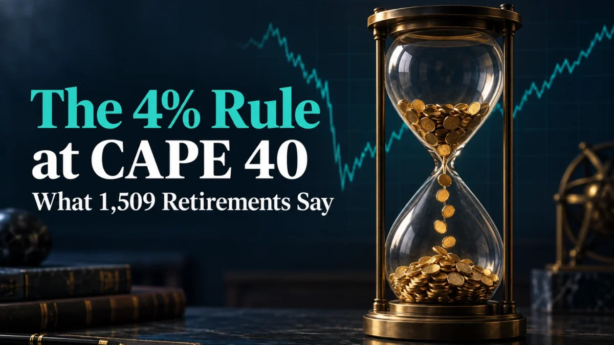 Hourglass of gold coins in front of a portfolio line that dips early and recovers, headline The 4% Rule at CAPE 40