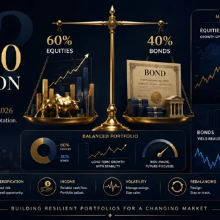 Infographic titled 'The 60/40 Question' showing a golden balance scale with 60% equities and 40% bonds, plus 2026 market data on equity growth and bond yields for portfolio strategy