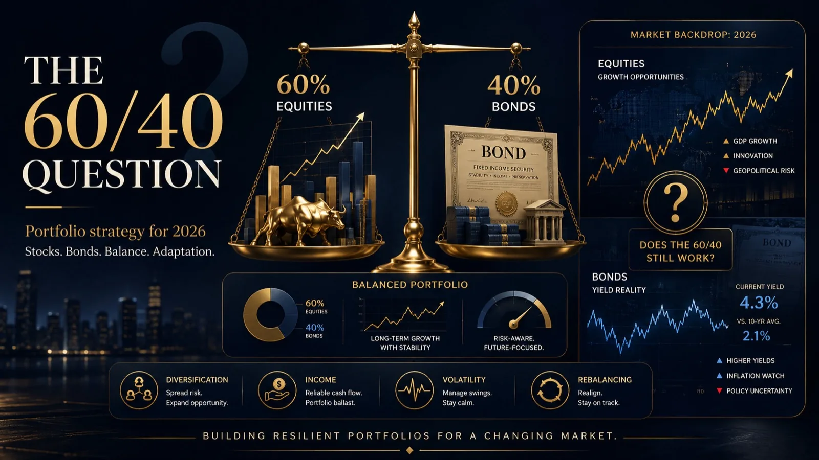 Infographic titled 'The 60/40 Question' showing a golden balance scale with 60% equities and 40% bonds, plus 2026 market data on equity growth and bond yields for portfolio strategy