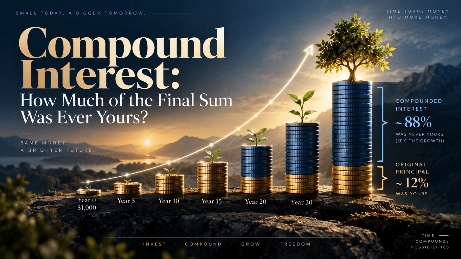 Illustration showing a compounding investment growing from $1,000 across increasing stacks of coins from year 0 to year 20, with about 88% of the final value coming from growth and 12% from the original principal.