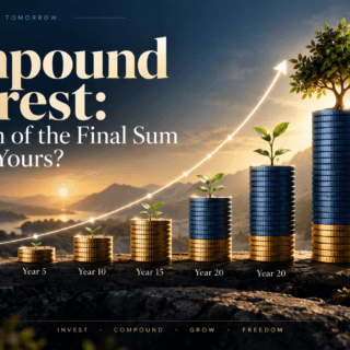 Illustration showing a compounding investment growing from $1,000 across increasing stacks of coins from year 0 to year 20, with about 88% of the final value coming from growth and 12% from the original principal.
