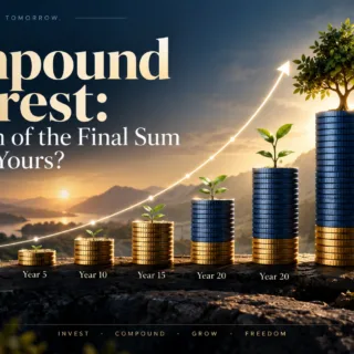 Illustration showing a compounding investment growing from $1,000 across increasing stacks of coins from year 0 to year 20, with about 88% of the final value coming from growth and 12% from the original principal.
