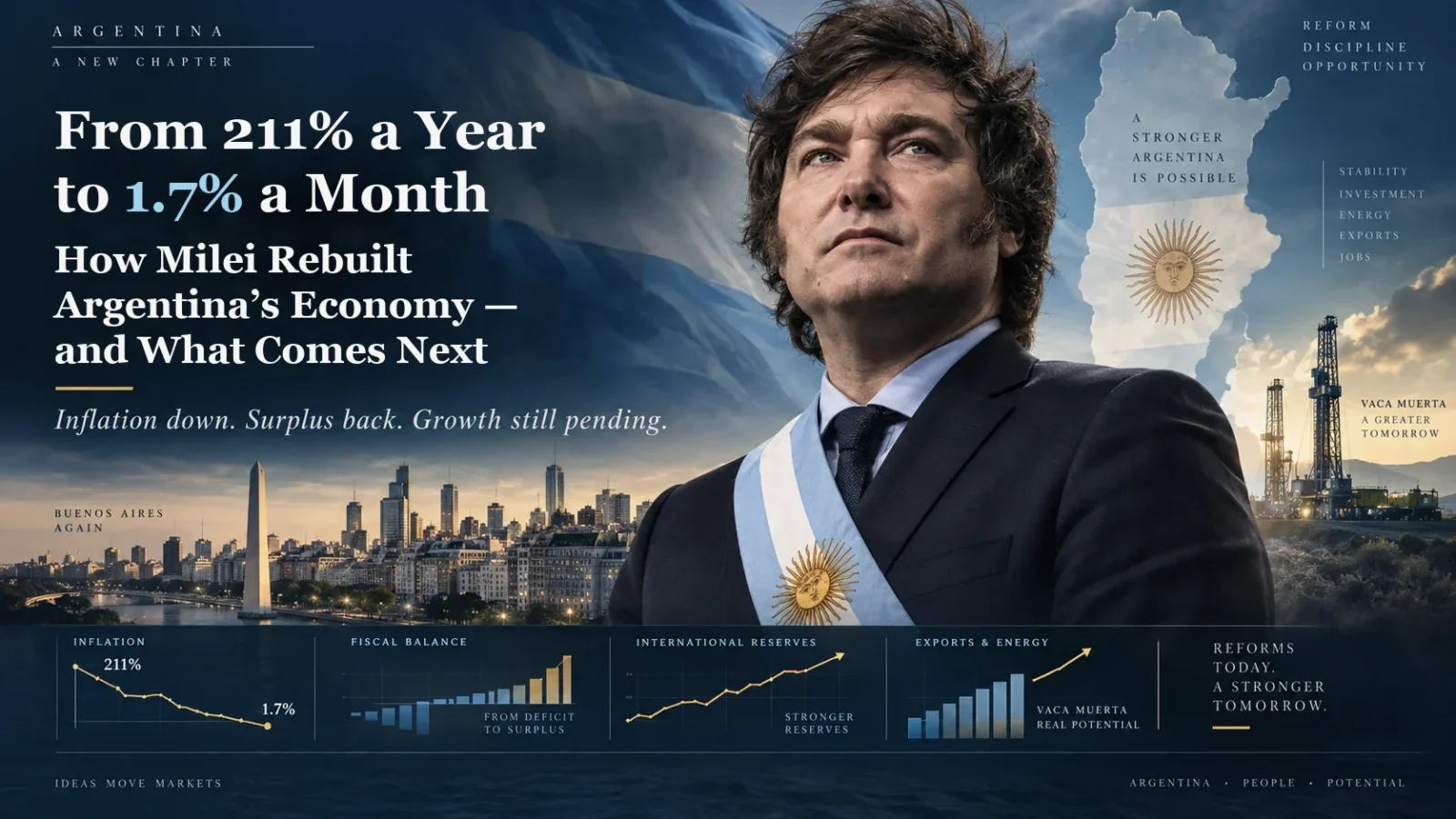 Editorial illustration for an article on Argentina's economy under Javier Milei: the president in front of the Buenos Aires skyline and Vaca Muerta drilling rigs, with indicative panels for inflation, fiscal balance, reserves and energy exports.