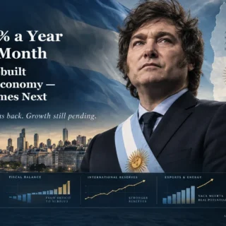 Editorial illustration for an article on Argentina's economy under Javier Milei: the president in front of the Buenos Aires skyline and Vaca Muerta drilling rigs, with indicative panels for inflation, fiscal balance, reserves and energy exports.