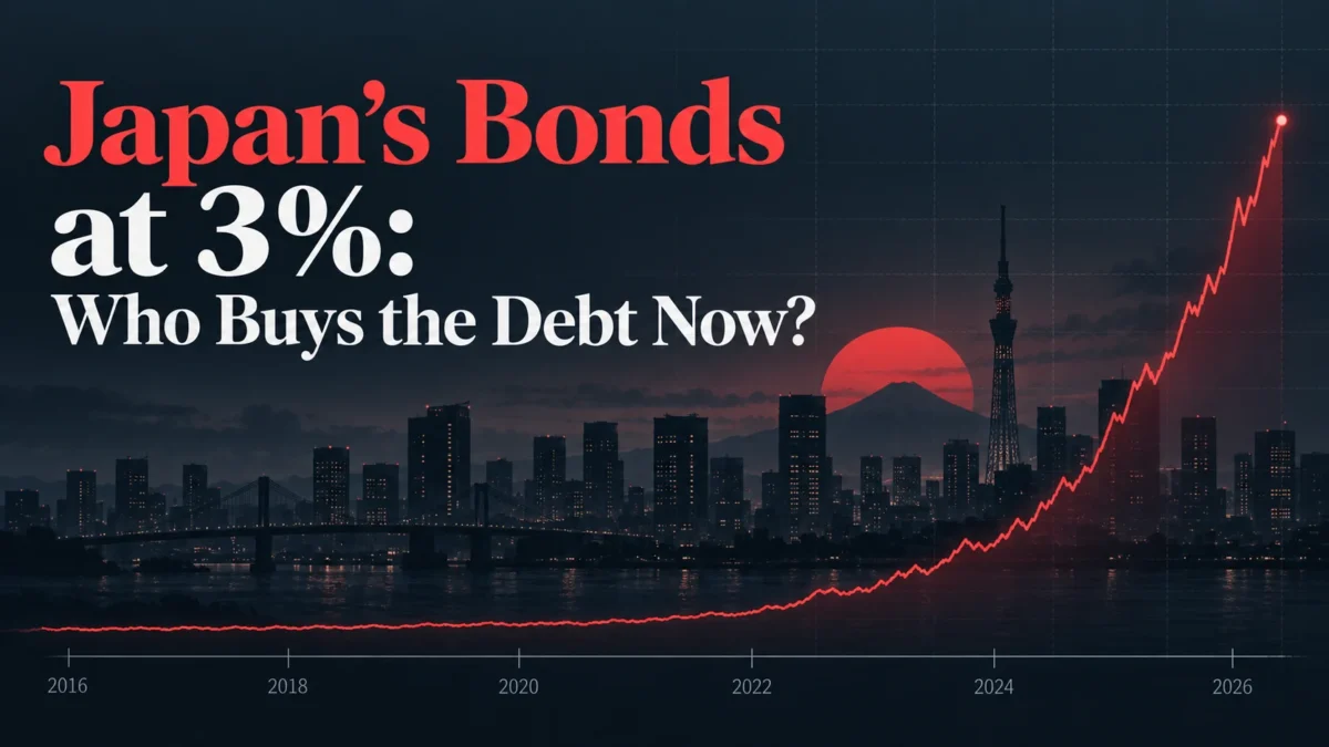 Tokyo skyline at dusk with a red sun and a rising yield line: Japanese government bonds at 3%