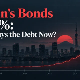 Tokyo skyline at dusk with a red sun and a rising yield line: Japanese government bonds at 3%