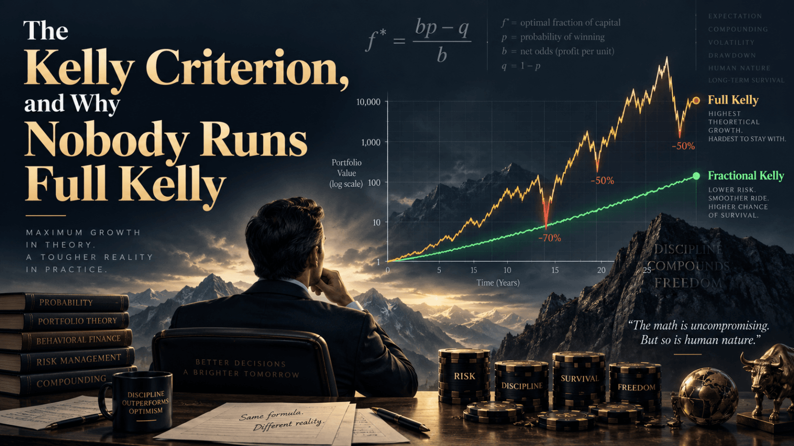 Illustration for an article on the Kelly criterion, showing a log-scale chart comparing a volatile full-Kelly equity curve with large drawdowns against a smoother fractional-Kelly curve with steadier growth.