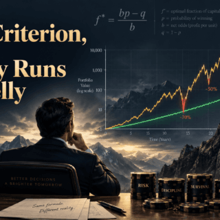 Illustration for an article on the Kelly criterion, showing a log-scale chart comparing a volatile full-Kelly equity curve with large drawdowns against a smoother fractional-Kelly curve with steadier growth.