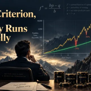 Illustration for an article on the Kelly criterion, showing a log-scale chart comparing a volatile full-Kelly equity curve with large drawdowns against a smoother fractional-Kelly curve with steadier growth.