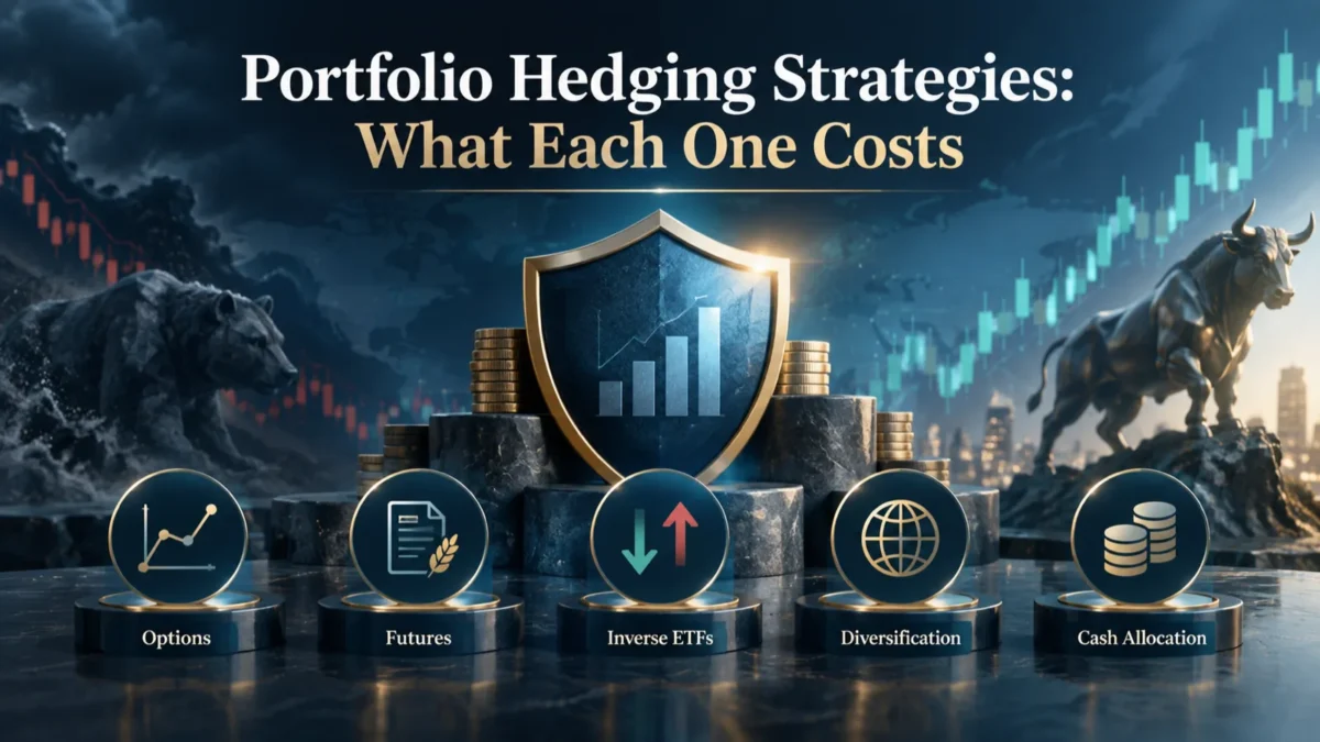 A gold shield in front of stacked coins, flanked by a bear market in decline on the left and a bull market rising on the right, with five labelled discs below: Options, Futures, Inverse ETFs, Diversification and Cash Allocation.