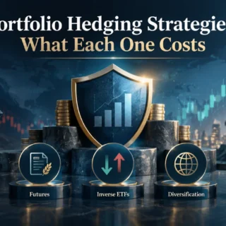 A gold shield in front of stacked coins, flanked by a bear market in decline on the left and a bull market rising on the right, with five labelled discs below: Options, Futures, Inverse ETFs, Diversification and Cash Allocation.