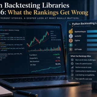 Laptop showing backtest code and results next to a ranking panel of Python backtesting libraries under a magnifying glass