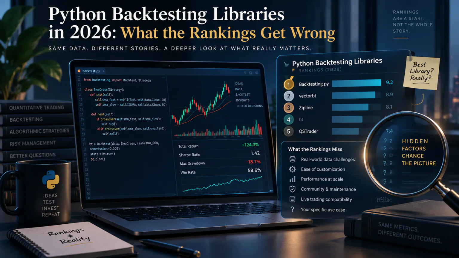 Laptop showing backtest code and results next to a ranking panel of Python backtesting libraries under a magnifying glass
