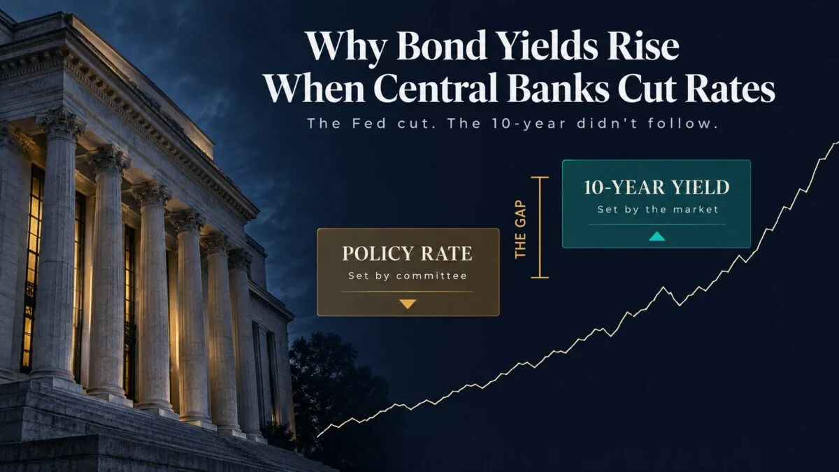 Two labelled panels side by side against a night-time central bank facade: 'Policy rate, set by committee' sits lower with a downward arrow, '10-year yield, set by the market' sits higher with an upward arrow, and a bracket marked 'the gap' spans the distance between them.