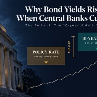 Two labelled panels side by side against a night-time central bank facade: 'Policy rate, set by committee' sits lower with a downward arrow, '10-year yield, set by the market' sits higher with an upward arrow, and a bracket marked 'the gap' spans the distance between them.