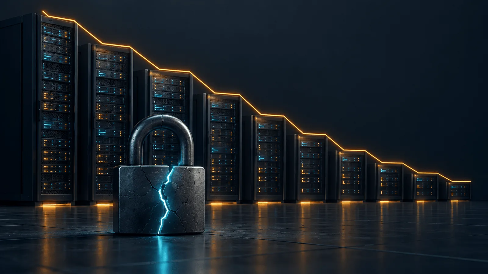 Server racks forming a falling chart line beside a cracked padlock