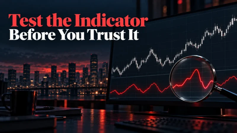 Headline Test the Indicator Before You Trust It beside a trading screen with a candlestick chart and an indicator line under a magnifying glass