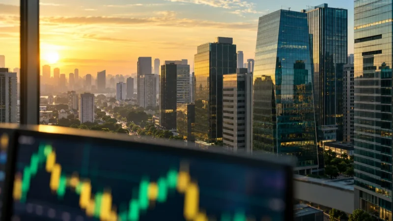 Illustration of a city skyline of glass office towers at sunrise, with a blurred trading screen of green and yellow candlesticks in the foreground