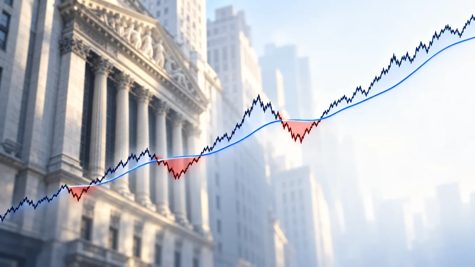 A volatile stock index line crossing a smooth blue moving average in front of the New York Stock Exchange, with the dips below the average shaded red