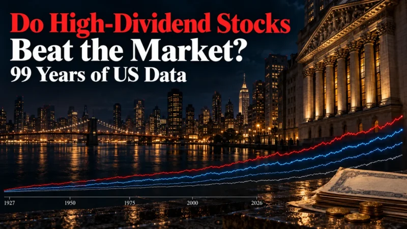Cover: "Do High-Dividend Stocks Beat the Market? 99 Years of US Data" over a night view of Manhattan and an exchange building